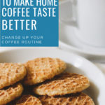 coffee in white mug and saucer with mini stroopwafles in white plate