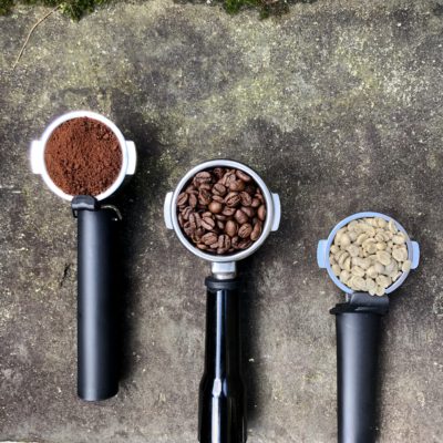 coffee beans in stages in grouphead