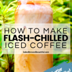 iced coffee outside with swirled milk with a green leaf background