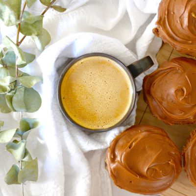 chai latte cupcakes with coffee and eucalyptus