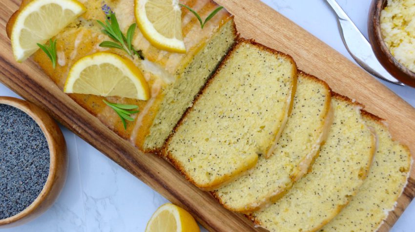 lemon poppy seed loaf cake on marble