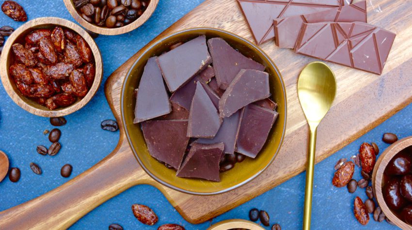 chocolate flat lay with coffee beans