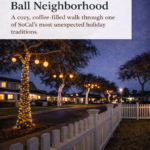 Sparkle ball holiday lights glowing in a residential Fullerton neighborhood at dusk, with trees wrapped in lights and a quiet Southern California street.
