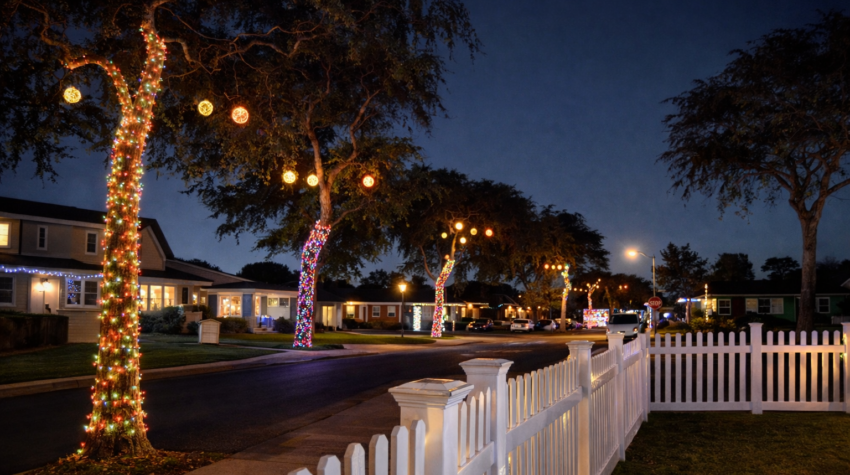 Handmade sparkle balls glowing in the trees along a quiet residential street in Fullerton at night.
